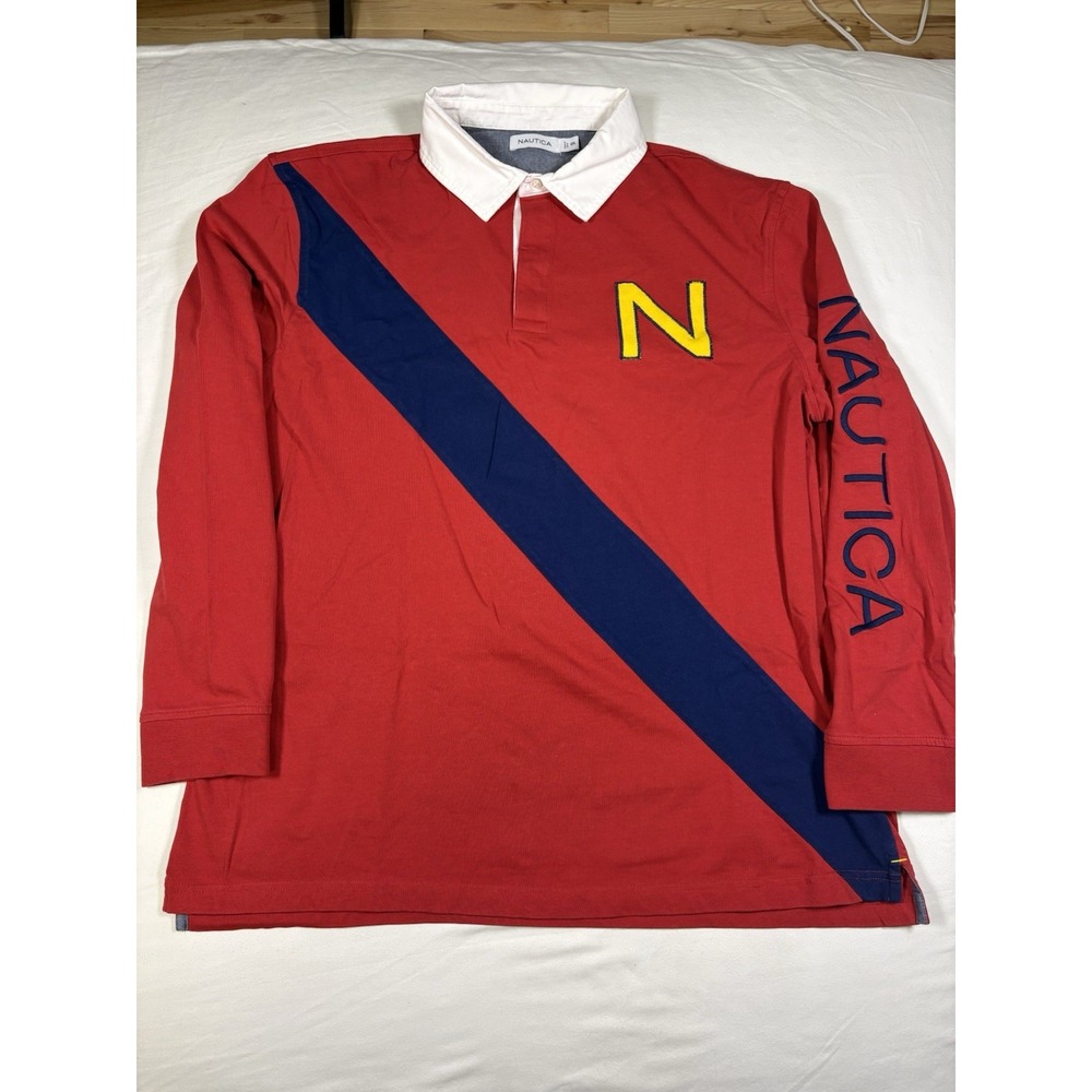 Nautica Long Sleeve Rugby Shirt Mens XXL Red Navy Diagonal Stripe Spellout